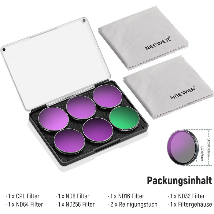 Набір фільтрів ND NEEWER для DJI Osmo Action 5 Pro/4/3 (6 шт.): ND8, ND16, ND32, ND64, ND256, CPL. Фільтри з HD оптичного скла, з мікрофіброю. Аксесуари для екшн-камери