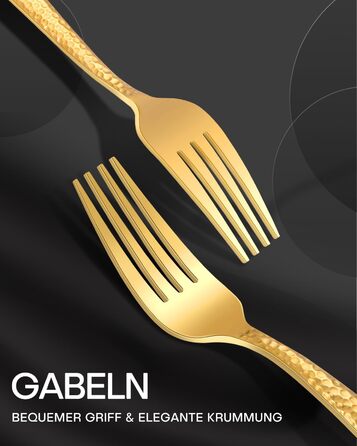 HONKKU 30-Piece Flatware Set, 6 People, Gold, Thickened Stainless Steel Cutlery Set with Hammered Handle, Eating Cutlery Set with Knife, Fork, Spoon, Mirror Polished, Dishwasher Safe