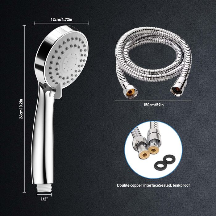 Насадка для душу ручна, 3 режими, високий тиск, діаметр 120 мм, шланг 1.5 м, економна, з тефлоновою стрічкою, хром