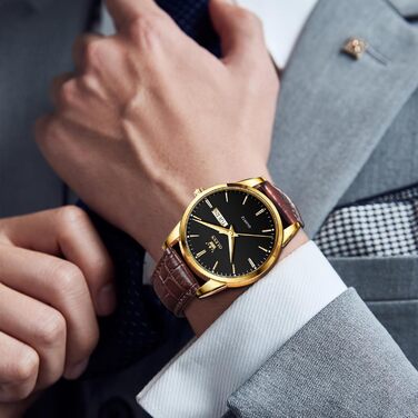 Чоловічий годинник OLEVS з нержавіючої сталі, кварцовий аналоговий годинник, класичний діловий годинник, водонепроникний, з підсвічуванням, з датою, на шкіряному ремінці, чорний циферблат, коричневий ремінь