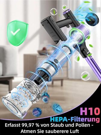 Бездротовий акумуляторний пилосос 45000 Па/500 Вт/45 хв з LED-дисплеєм та щіткою проти намотування, висувний шланг 73 см для твердих поверхонь, килимів, шерсті тварин, фіолетовий