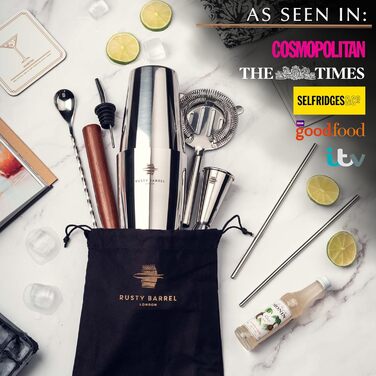 Belgravia Cocktail Set – Cocktail Shaker Set with Boston Stainless Steel Cocktail Shaker and Cocktail Accessories | Cocktail Mix Set in a Luxurious Gift Box (Silver)