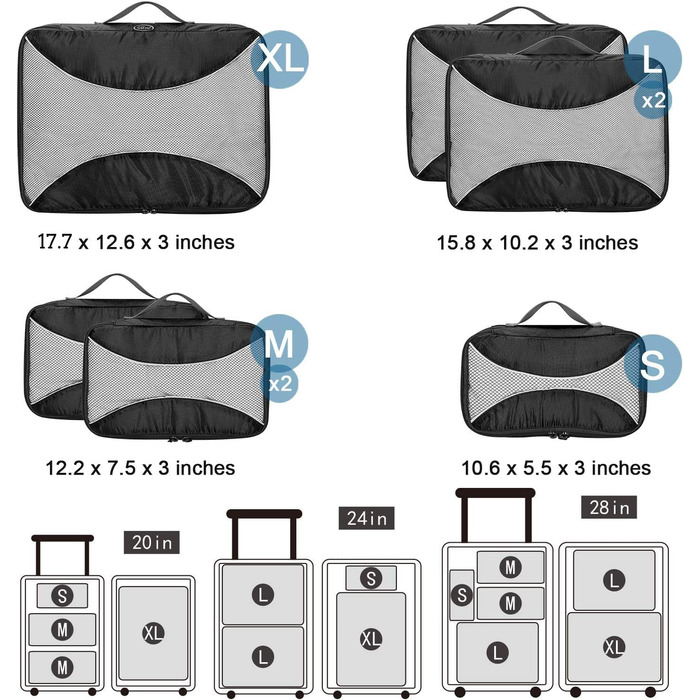 Органайзери для валізи G4Free, набір 6 шт (S+2M+2L+XL) - чорний, білий, сірий