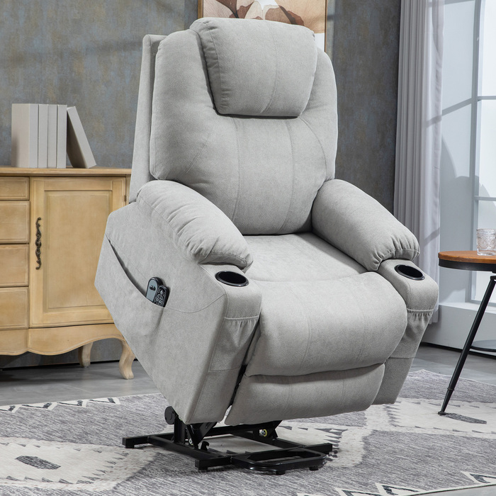 HOMCOM Electric Recliner with Stand Assist, Relax Recliner with Lie-Flat Function, Heating Function, 1 Motor, Massage Function, Pocket Spring, Light Grey | Aosom