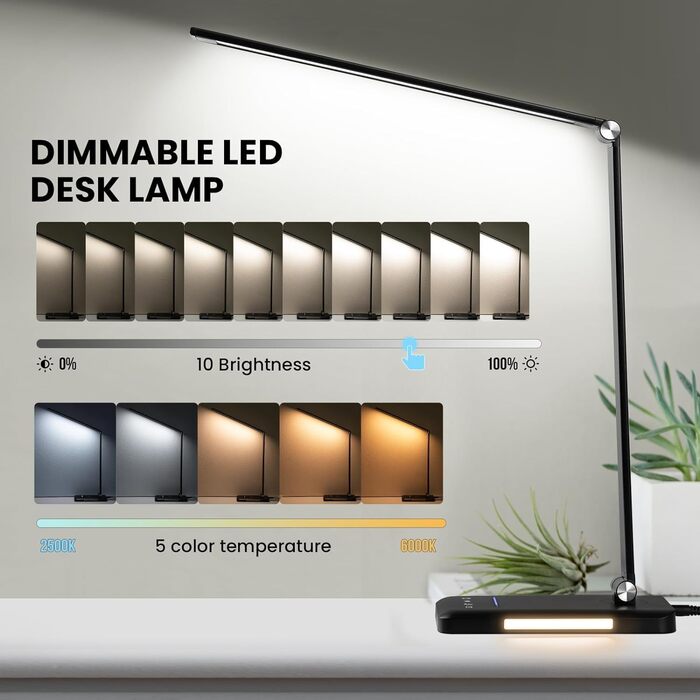Лампа настільна LED BIENSER, 560LM, 5 кольорів, 10 рівнів яскравості, нічник, USB, пам'ять, таймер 30хв, 6000K, 10W