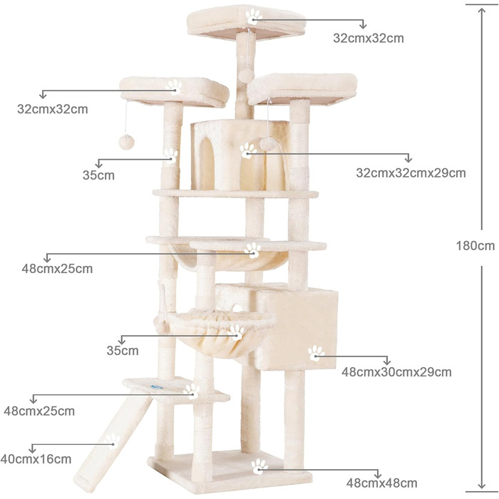 Великий котячий будиночок Hey-brother Kratzbaum XXL, 180 см, стабільний з сизалевим мотузком, велике дряпальний борд, кошик, 3 платформи та 2 будиночки (Бежевий)
