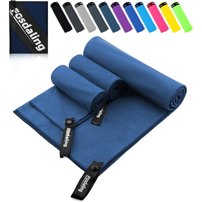 Набір з 3-х рушників з мікрофібри (великий 160x80 см та 2 маленьких 80x40 см), швидковисихаючі рушники для фітнесу та спорту, для пляжу, ванни, спорту та подорожей, темно-синій