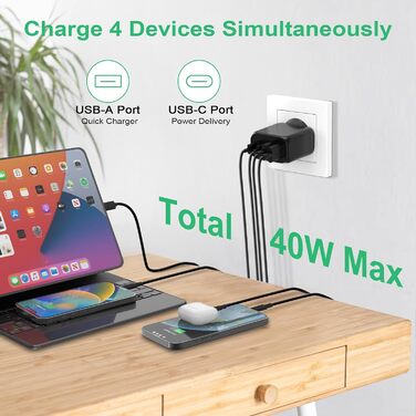 Набір зарядних пристроїв USB-C 40W 2 шт. з підтримкою PD3.0 та QC3.0 для iPhone, iPad, Samsung, Xiaomi, Google. Білий (Чорний)