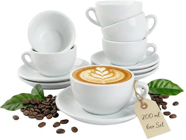 Набір з 6 еспресо-чашок | Хром | Італійський стиль | Dickwandig & Schwer | Еспресо-набір 6 шт. з підставками - подарунковий набір (200 мл, білий)
