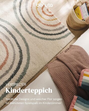 benuta Listen Kids Rug Gobi - Acrylic - Rectangular & in Style: Abstract, Children's Motifs, Stripes, Hygge & Cozy, Scandi Living - Easy Care for Living Room, Bedroom, Multicolor, 140x200 cm