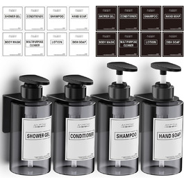 Набір дозатора мила для стін 4er, 300 мл, сірий. Дозатор мила без свердління, набір з 12 етикеток для душу/кухні/ванної кімнати