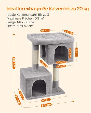 Feandrea Cat Tree, 84 cm Cat Tree, L, Cat House for Large Cats up to 7 kg, Large Platform, 2 Cat Caves, Sisal Posts, PCT61W (XL (68 x 48 x 101 cm), Light Grey)