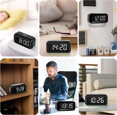 Цифровий будильник Timegyro з LED дисплеєм, акумуляторний, компактний, для подорожей та дому, 3 рівні яскравості, великий LED дисплей 1.2', чорно-білий