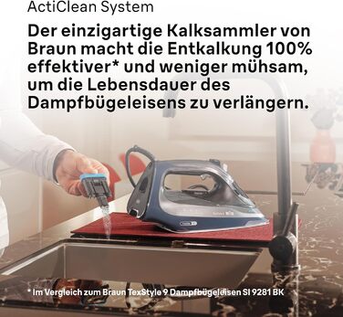 Braun TexStyle 9 SI9682 DB Steam Iron with FreeGlide 3D Technology, Vertical Steam, Anti-Drip Function, Self-Cleaning Function, 330 ml Water Tank, 260 g/min Steam Output, 3200W, Dark Blue