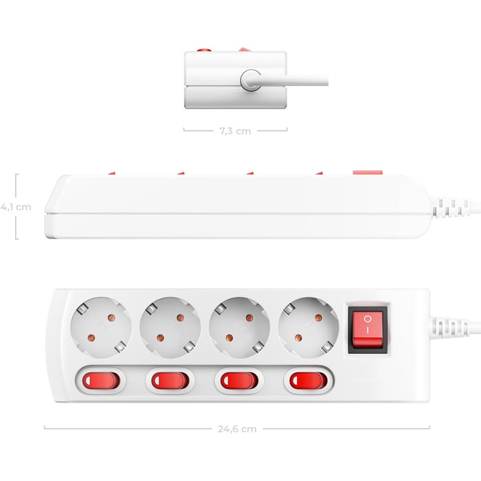 DeleyCON Подовжувач з 4 вимикачами та головним вимикачем, 1.4м, білий
