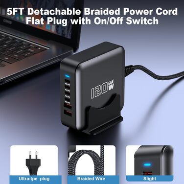 Швидкий зарядний пристрій USB-C GaN Hub 120W, 6 портів для iPad, iPhone 17/16/15/14/13/12 Pro Max, Samsung Galaxy S23 - Сірий