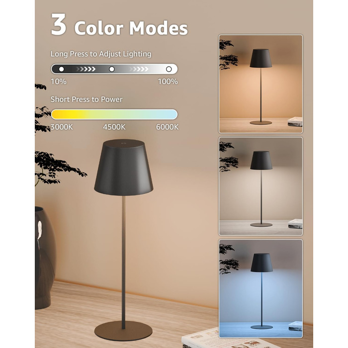 LED настільна лампа FUYO з USB-C зарядкою, акумуляторна, для дому та вулиці, сенсорне керування, регулювання яскравості 2700K-6000K, 3 кольори, для вітальні, спальні, балкона, саду, тераси (сірий), 2 шт. в упаковці