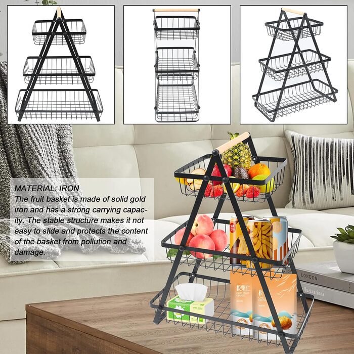 Багатоярусна металева підставка для фруктів та овочів MaxEarn - 3 яруси, велика місткість, з дерев'яною ручкою