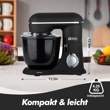 Кухонний комбайн Kitchen in the box, планетарний міксер з чашами 4,5 л та 5 л, 1300 Вт, 10+ швидкостей, з насадками (гак, міксер, вінчик), чорний