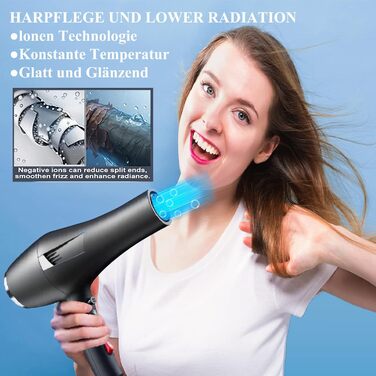 Іонний фен LOEVERY з потужним AC мотором 2400W, дифузором та 3 насадками, для професійного та домашнього використання, чорний