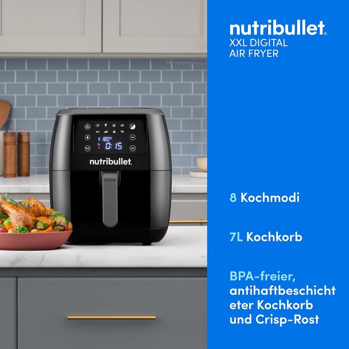 Nutribullet Hot Air Fryer 7L XXL Air Fryer with a wide selection of cooking modes, digital LED touchscreen, 8 programs, preheat & keep warm, grill, no oil, 1800 W, Black