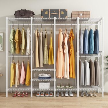 KZOBYD Clothes Rack, Coat Rack with 6 Height-Adjustable Shelves, Clothes Rail with 4 Hanging Compartments, Plenty of Space, for Bedroom, Living Room (White)