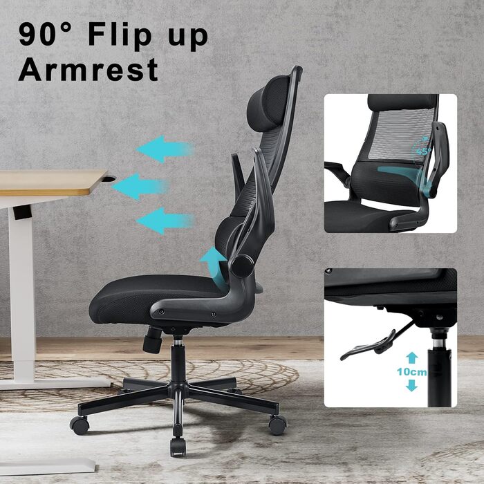 Ергономічне крісло для офісу з регульованою підголовником, офісне крісло з сітки, відкидні підлокітники, широке сидіння, функція гойдання, комп'ютерне крісло EN 1335, офісне крісло 200 кг, чорне