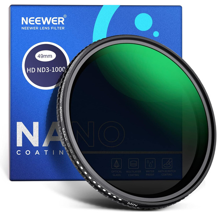 Фільтр ND3-ND1000 Neewer з регульованою щільністю, 49 мм, з HD-скла та подвійним нанопокриттям