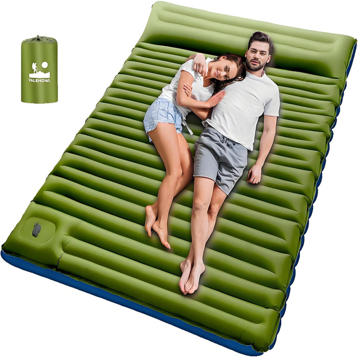 Thick Inflatable Sleeping Pad with Foot Pump and Pillow, Ultralight Camping Air Mattress for Outdoor, Hiking, Bikepacking (Green, Double)