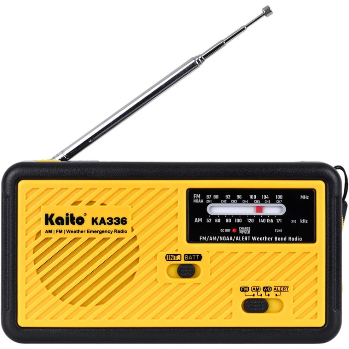 Радіо Kaito Voyager ECO KA336: AM/FM, NOAA, сонячна панель, ручне заряджання, LED-ліхтарик, USB-зарядка для телефону, жовтий