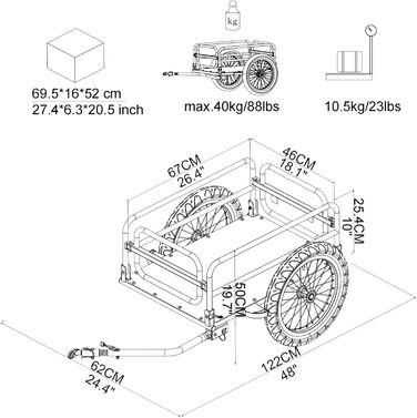 Складаний вантажний причіп Tiggo для велосипеда. Об'єм 70 літрів, вантажопідйомність 40 кг. Розміри платформи: 67 x 46 x 25 см