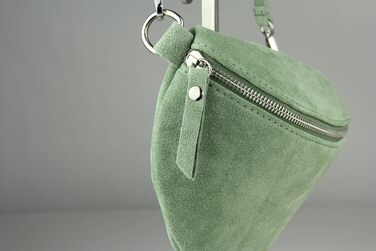 Сумка поясна жіноча Frentree® шкіряна, виготовлена в Італії, крос-боді, через плече, срібний блискавка, велика (Midi срібло бірюза замша)