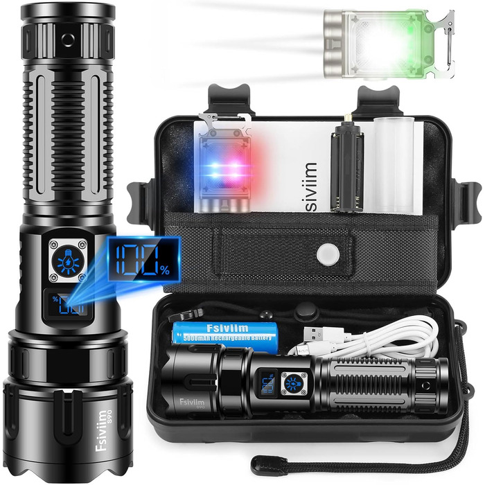 LED ліхтар на батареї, 500 000 люмен, тактичний, з регулюванням фокусу, для кемпінгу, матовий чорний