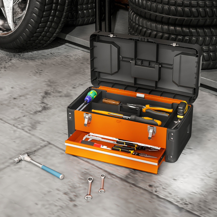 HOMCOM Empty Tool Box, 49.7 x 25.3 x 23 cm Tool Chest with Drawer, Mini-Box, Top Storage Compartment, Handle, Steel Tool Case, Orange | Aosom