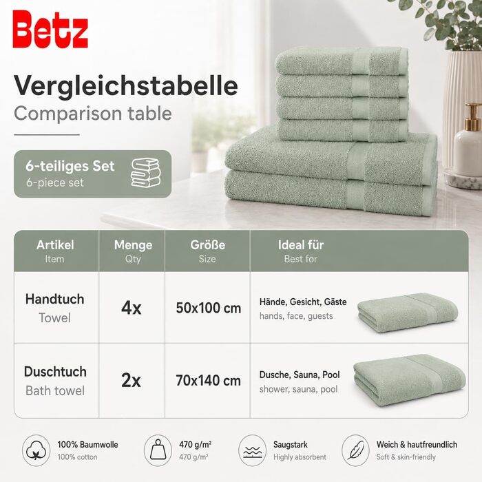 Набір рушників для ванної Betz Premium, 6 шт. (4 шт. 50x100 см, 2 шт. 70x140 см), 100% бавовна, колір сірий-зелений (Heugrün)