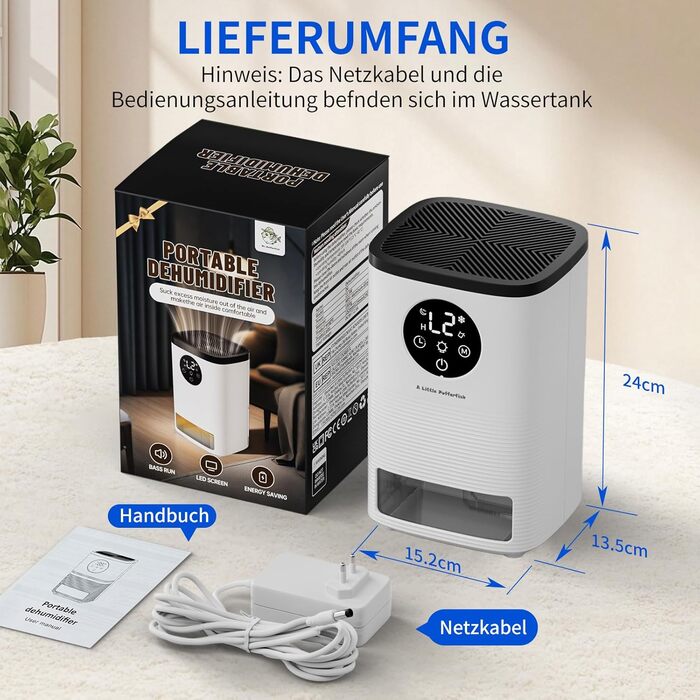 Електричний осушувач повітря 1600 мл, портативний, ультратихий, з автоматичним вимкненням та 7-кольоровим підсвічуванням для спальні, ванної кімнати та дому