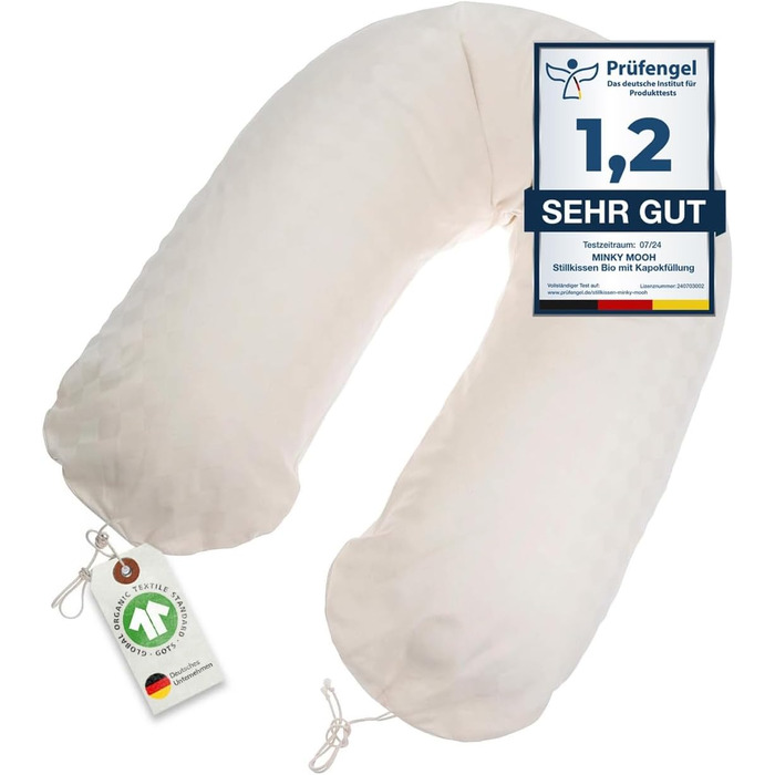 Minky Mooh Stillkissen XXL Organic Cotton with Kapok Filling | Large pillow for breastfeeding and bottle feeding | Pregnancy pillow side sleeper pillow | hypoallergenic and quiet | 190x30 cm, creme