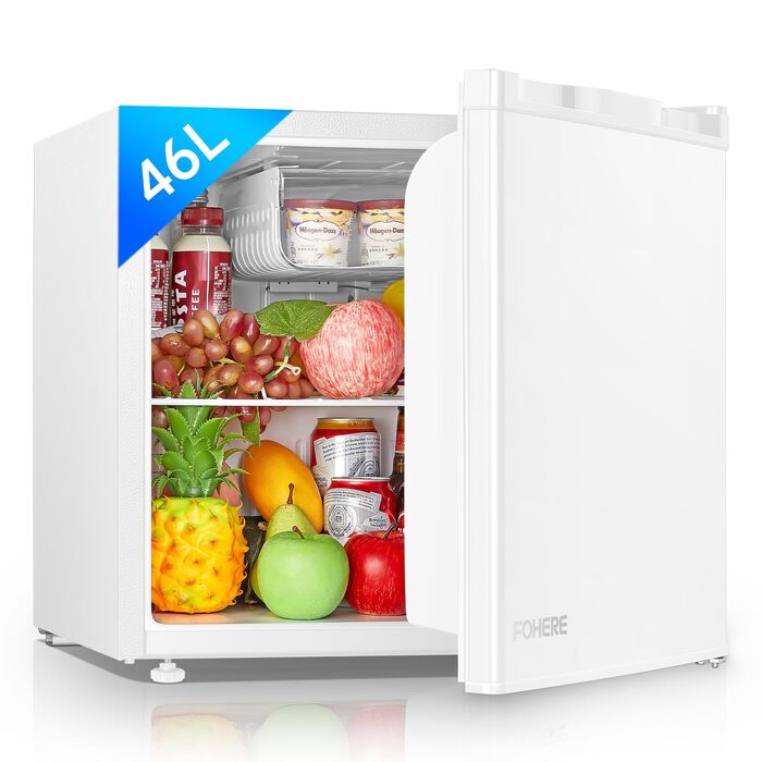 Міні-холодильник E 46L з відділенням для льоду, 42 dB, регулювання температури, енергозберігаючий, знімний дверний анфаз, для кухні, офісу, спальні, готелів та маленьких квартир (білий)