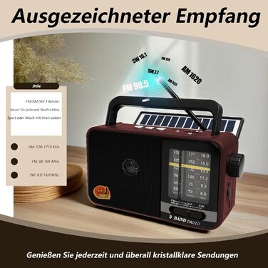 Портативна радіоприймач Klein з сонячною панеллю та акумулятором 1200mAh, AM/FM/SW, 8W динамік, TWS, USB/TF, для кемпінгу, надзвичайних ситуацій та відпочинку на природі (Сірий/Червоний)