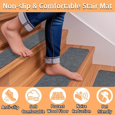 Набори килимків для сходів Aucuda, 15 шт., сірі, 76x20 см, антиковзаючі, самоклеючі, для захисту дерев'яних ступенів