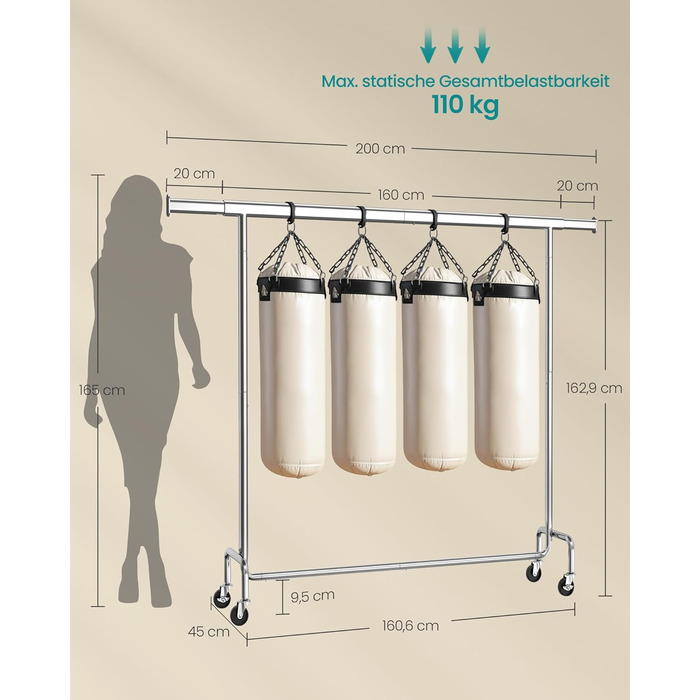 SONGMICS Clothes Rack on Wheels, Coat Rack, Heavy-Duty, Extendable Clothes Rod, Load Capacity up to 110 kg, 45 x (160-200) x 162.9 cm, Metal, Chrome, Silver HSR176E01