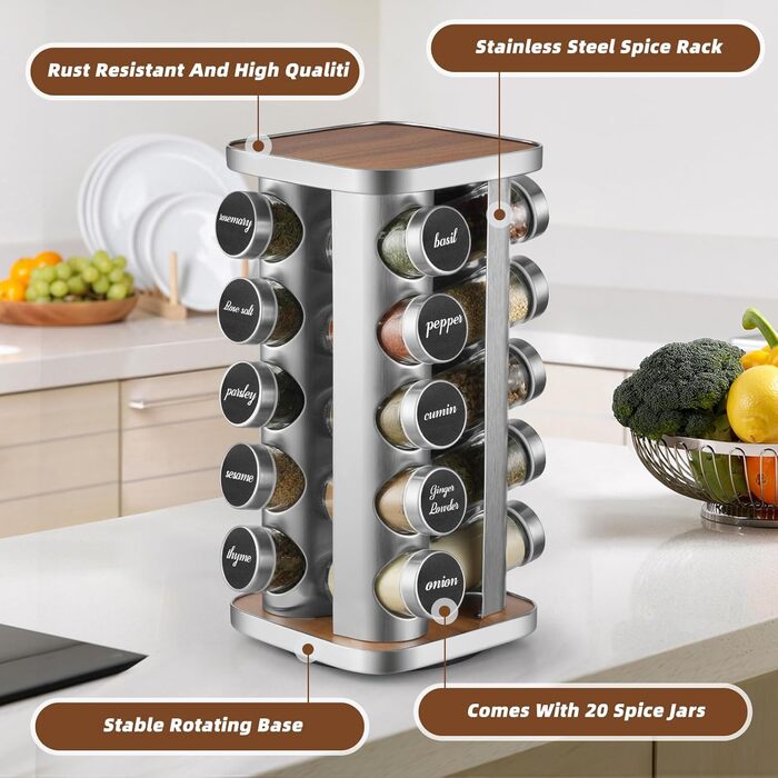 FRIBERG Spice Rack with 20 Spice Jars, Round, 100ml, 360° Swivel Stainless Steel Spice Carousel, Standing Spice Rack with Funnel, Label, Pen, and Cleaning Brush