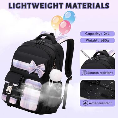 Шкільний рюкзак Tanou для дівчаток, водонепроникний, з візком, 9-16 років, чорний