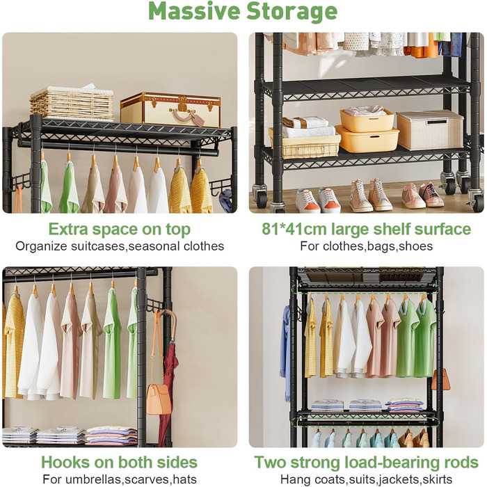 Вішалка для одягу на коліщатках металева з 3 штангами та полицею, чорна (41x81x210 см)