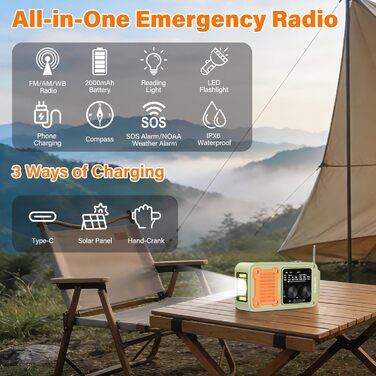 Радіо на механічній ручці Diymore 2000mAh з сонячною панеллю, FM/AM/WB, Power Bank, LED ліхтарик для кемпінгу, SOS сигнал, компас. Радіоприймач для екстрених ситуацій та відпочинку на природі, чорний
