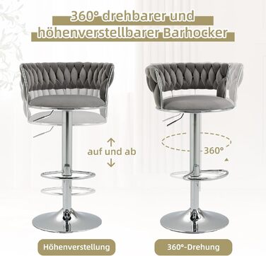 Adjustable Velvet Bar Stools 2-Pack with Backrest & Armrests - Ergonomic Swivel Bar Stools with Handwoven Velvet & Gold Legs for Kitchen Island, Bar, Restaurant - Includes Footrest (Silver, Grey)
