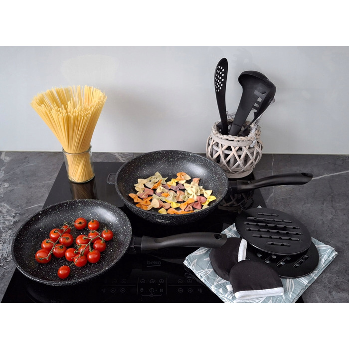 Набір каструль Hoffner, алюміній з мармуровим покриттям, чорний, 17 предметів