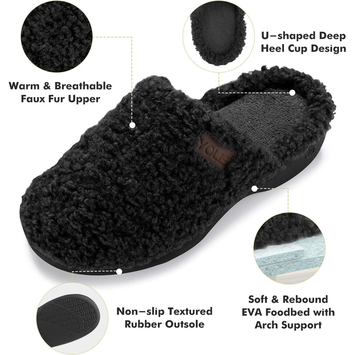 Жіночі тапочки YOLIS Flauschig з підтримкою склепіння стопи, м'які, з піною з пам'яті, зручні та теплі для дому та вулиці, чорні, 36/37 EU