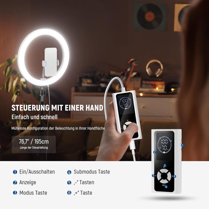 NEEWER Комплект кільцевого світла для фото та відео: 48 см, 52 Вт, регульоване LED кільцеве світло з штативом та Bluetooth для смартфона, YouTube, селфі (RH12B Pro)