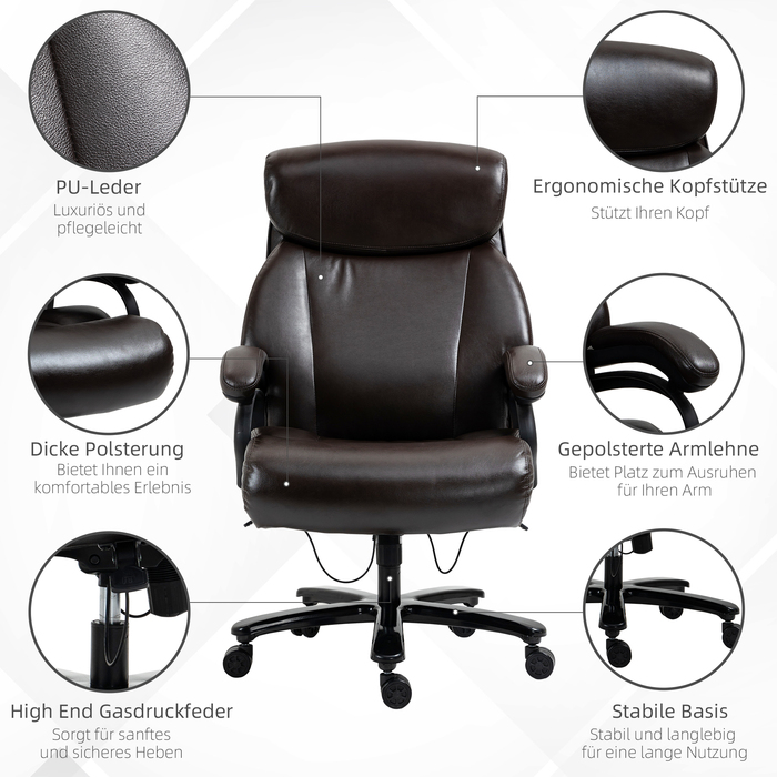 Vinsetto Ergonomic Executive Office Chair with Rocking Function, Leather Chair Brown, Adjustable Height, Weight Capacity up to 180 kg